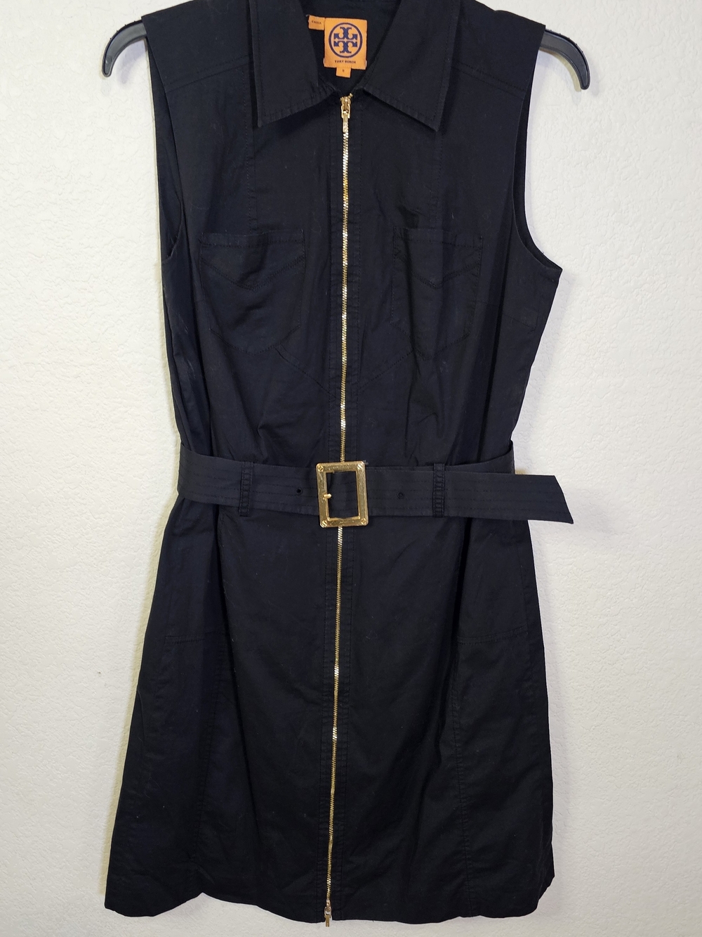 Tory Burch Black Sleeveless Zip-Front Belted Dress